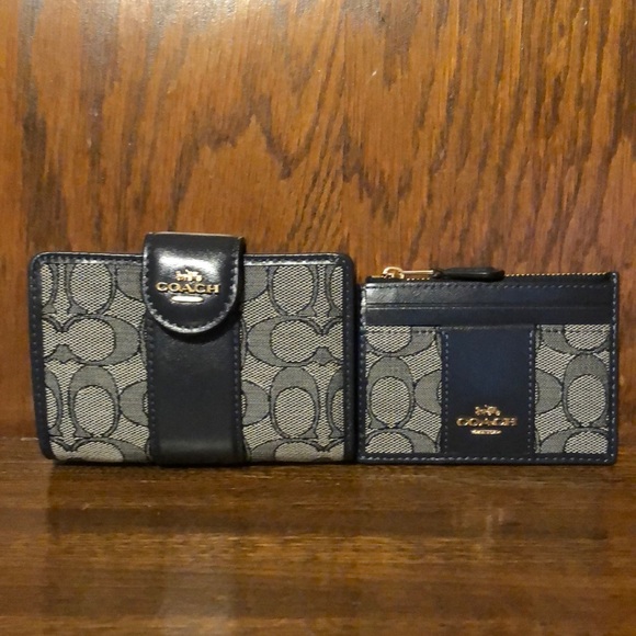 NWT-Coach-SET-Med Corner Zip Wallet & ID Case-Sig Jacquard-Midnight Navy-$286 - Picture 1 of 16
